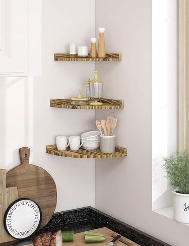 Corner Shelves Wall Mount, Rustic Natural Wood Corner Floating Shelf, Distressed White Storage Organizer Corner Wall Shelves for Living Room Kitchen Bedroom Bathroom Laundry, 9.68x9.68 Inch in Kuwait