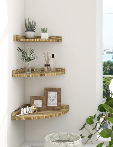Corner Shelves Wall Mount, Rustic Natural Wood Corner Floating Shelf, Distressed White Storage Organizer Corner Wall Shelves for Living Room Kitchen Bedroom Bathroom Laundry, 9.68x9.68 Inch in Kuwait