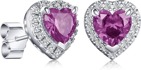 2.32ct Birthstone Stud Earrings, Heart Shaped Gemstone with Halo, Sterling Silver with 14K White Gold Vermeil, Rhodium Finish in Kuwait