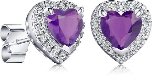 2.32ct Birthstone Stud Earrings, Heart Shaped Gemstone with Halo, Sterling Silver with 14K White Gold Vermeil, Rhodium Finish in Kuwait