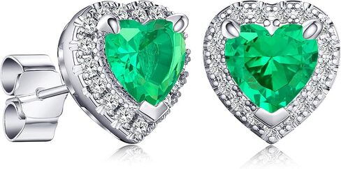 2.32ct Birthstone Stud Earrings, Heart Shaped Gemstone with Halo, Sterling Silver with 14K White Gold Vermeil, Rhodium Finish in Kuwait