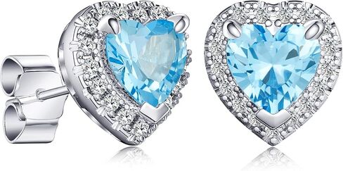 2.32ct Birthstone Stud Earrings, Heart Shaped Gemstone with Halo, Sterling Silver with 14K White Gold Vermeil, Rhodium Finish in Kuwait