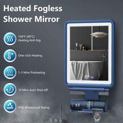 Heated Shower Mirror Fogless for Shaving, 3 Colors Stepless Dimmable Lights Fogless Mirror for Shower, Rechargeable Anti Fog Shaving Mirror for Shower with Razor Holder for Men, Light Memory Function in Kuwait