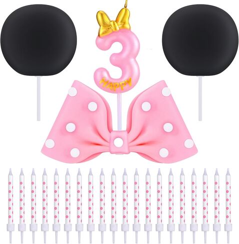 Mouse Cake Candles Topper Pink Bow and Ears Decorations with 20 PCS White Dot Long Candles for Baby 2nd Years Old Birthday Cake Topper Decor in Saudi Arabia