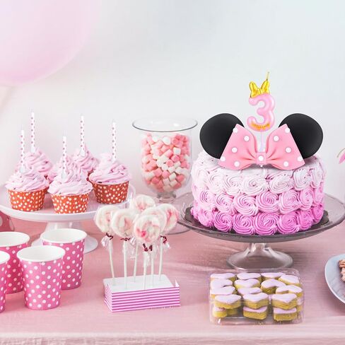 Mouse Cake Candles Topper Pink Bow and Ears Decorations with 20 PCS White Dot Long Candles for Baby 2nd Years Old Birthday Cake Topper Decor in Saudi Arabia