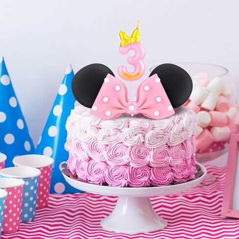Mouse Cake Candles Topper Pink Bow and Ears Decorations with 20 PCS White Dot Long Candles for Baby 2nd Years Old Birthday Cake Topper Decor in Saudi Arabia