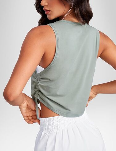 Pima Cotton Women Crew Neck Workout Cropped Tank Tops Ruched Side Sleeveless Gym Yoga Running Shirts in Saudi Arabia