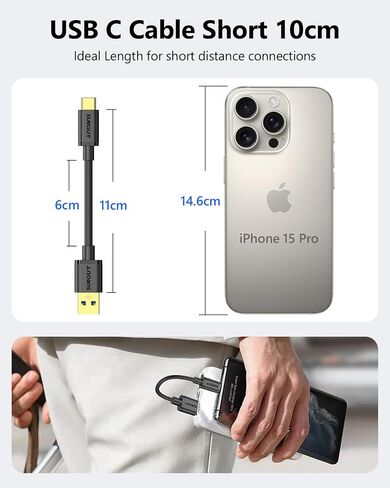كابل SUNGUY Android Auto USB C بطول 1 قدم، 10 جيجابت في الثانية قصير USB A إلى USB C 3.1 Gen 2 كابل نقل بيانات شحن سريع لـ iPhone15/15Pro/15Pro Max/15Plus، Samsung Galaxy S23، iPad Pro، Pixel، SSD خارجي in Saudi Arabia