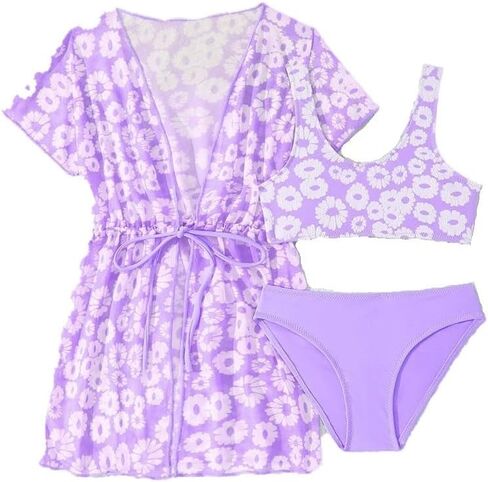 Teen Girl Swim Suits, Girl's 3 Piece Set Cute Floral Print Bikini Bathing Swim Suits with Beach Skirt Coverup in Saudi Arabia