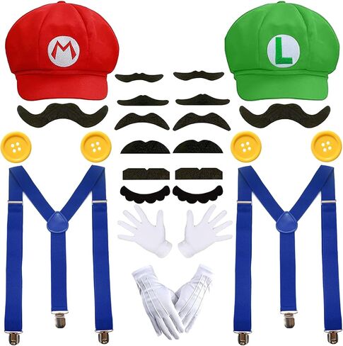 Santoy Super Wari and Walugi Halloween Cosplay Costume- Includes Adult Unisex Yellow Hat and Purple Cap, Mustache, Gloves, Buttons, Suspenders Accessories for Men and Women Party Supplies in Saudi Arabia
