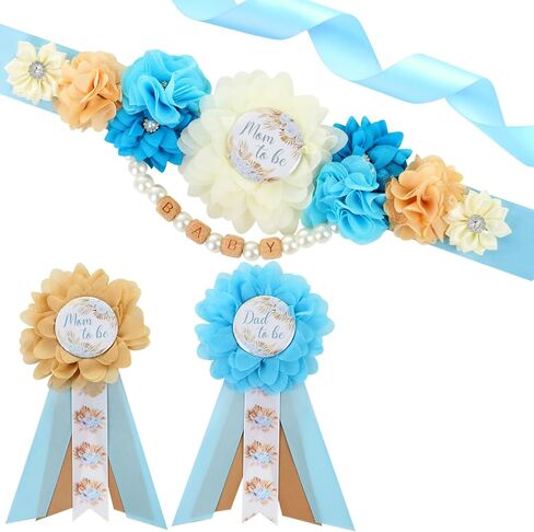 مجموعة وشاح الأمومة من JOYMEMO Green Boho Pampas Grass Baby Shower Maternity - حزام البطن المزين بالزهور من Pampas ودبابيس للأم تو بي والأب تو بي، لوازم حفلات الحمل الجديدة للآباء والأمهات in Saudi Arabia