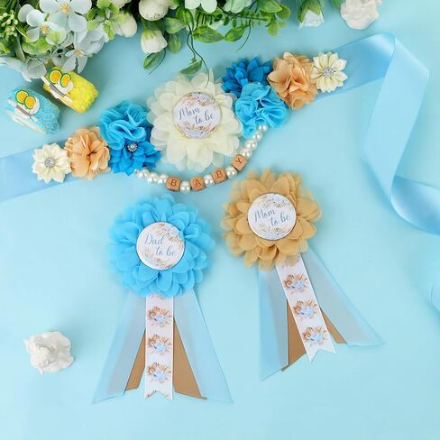 مجموعة وشاح الأمومة من JOYMEMO Green Boho Pampas Grass Baby Shower Maternity - حزام البطن المزين بالزهور من Pampas ودبابيس للأم تو بي والأب تو بي، لوازم حفلات الحمل الجديدة للآباء والأمهات in Saudi Arabia