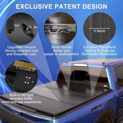 استبدال غطاء تونيو لسرير الشاحنة الصلب ثلاثي الطي لسيارة Toyota Tundra 2014-2024 كابينة مزدوجة/CrewMax Cab 5.5FT، سرير FRP أسود مزخرف، (التركيب برأس السكك الحديدية، يتطلب دعامة) in Kuwait