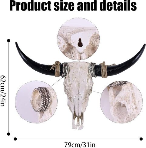 XOUXYJUN 31inch Cow Skull Wall Decor, Long Horn Wall Hanging Decor,Wall Hanging Faux Longhorn Skull Faux Taxidermy Animal Head, Handmade Decor Home Sculpture Faux Bull Horns for Wall (Black) in Saudi Arabia