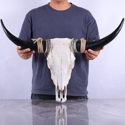 XOUXYJUN 31inch Cow Skull Wall Decor, Long Horn Wall Hanging Decor,Wall Hanging Faux Longhorn Skull Faux Taxidermy Animal Head, Handmade Decor Home Sculpture Faux Bull Horns for Wall (Black) in Saudi Arabia