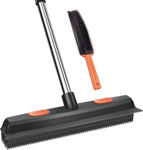 Green Rubber Broom with 27-49" Handle,Pet Hair Removal Brush with Squeegee, Portable Detailing Lint Remover, Soft Push Broom for Fluff Carpet, Hardwood, Tile, Window in Kuwait