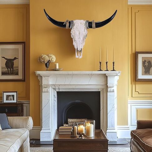 XOUXYJUN 31inch Cow Skull Wall Decor, Long Horn Wall Hanging Decor,Wall Hanging Faux Longhorn Skull Faux Taxidermy Animal Head, Handmade Decor Home Sculpture Faux Bull Horns for Wall (Black) in Saudi Arabia