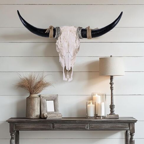 XOUXYJUN 31inch Cow Skull Wall Decor, Long Horn Wall Hanging Decor,Wall Hanging Faux Longhorn Skull Faux Taxidermy Animal Head, Handmade Decor Home Sculpture Faux Bull Horns for Wall (Black) in Saudi Arabia
