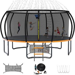 14FT Outdoor Trampoline, Recreational Trampolines for Kids/Adults with Enclosure Net Basketball Hoop, Sprinkler, Curved Poles and Ladder, Anti-Rust Coating, ASTM Approval in Saudi Arabia