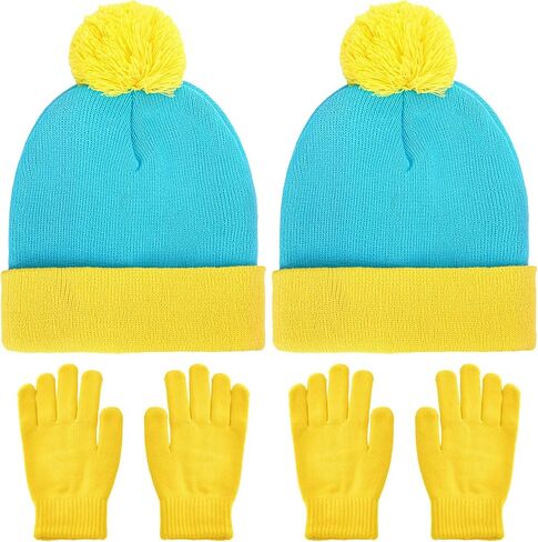 Shinymoon 2 Sets Winter Knit Pom Beanie Hat and Gloves Set Halloween Character Cosplay Headwear Knitted Pompom Cuff in Kuwait
