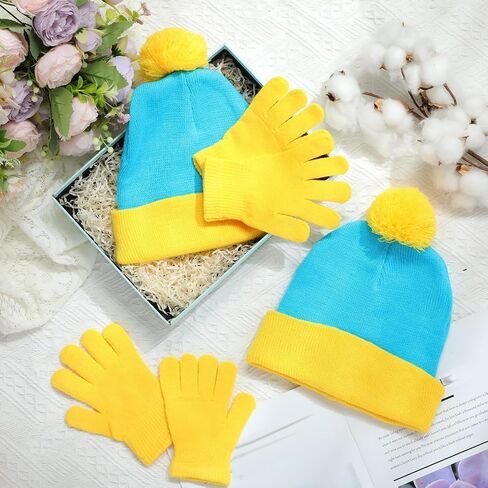 Shinymoon 2 Sets Winter Knit Pom Beanie Hat and Gloves Set Halloween Character Cosplay Headwear Knitted Pompom Cuff in Kuwait