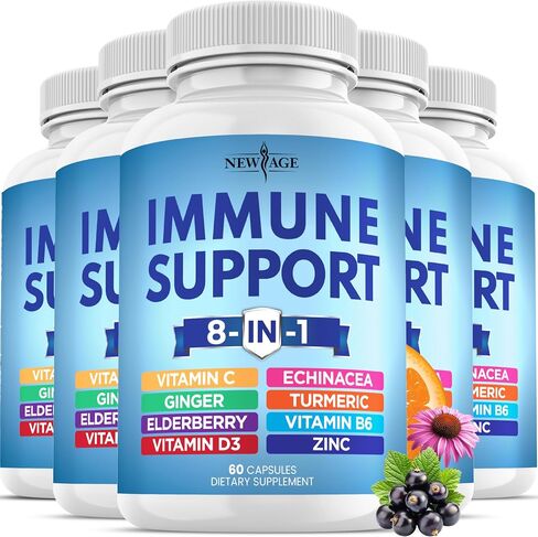 NEW AGE 8 in 1 Immune Support Booster Supplement with Echinacea, Vitamin C and Zinc 50mg, Vitamin D 5000 IU, Turmeric Curcumin & Ginger, B6, Elderberry 120 Count (Pack of 2) in Saudi Arabia