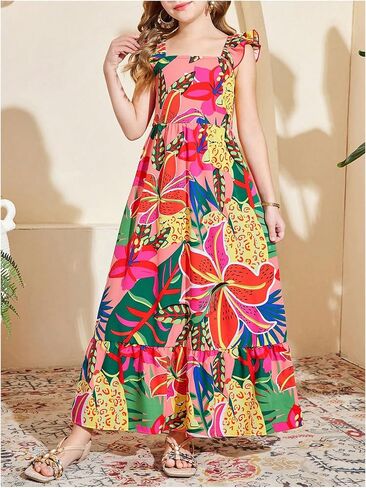 Girl's Floral Maxi Dress Ruffle Tropical Print Trim Shirred Dresses Vacation Beach Flowy Maxi Tank Dress in Saudi Arabia