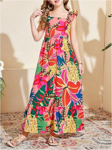 Girl's Floral Maxi Dress Ruffle Tropical Print Trim Shirred Dresses Vacation Beach Flowy Maxi Tank Dress in Saudi Arabia