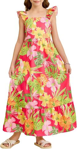 Girl's Floral Maxi Dress Ruffle Tropical Print Trim Shirred Dresses Vacation Beach Flowy Maxi Tank Dress in Saudi Arabia