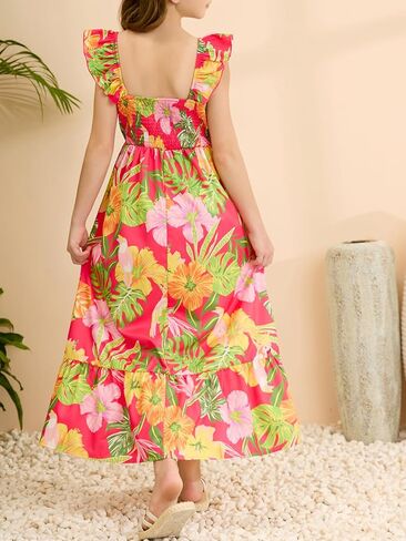 Girl's Floral Maxi Dress Ruffle Tropical Print Trim Shirred Dresses Vacation Beach Flowy Maxi Tank Dress in Saudi Arabia