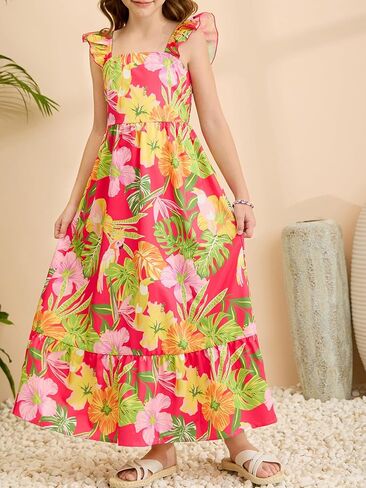 Girl's Floral Maxi Dress Ruffle Tropical Print Trim Shirred Dresses Vacation Beach Flowy Maxi Tank Dress in Saudi Arabia