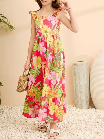 Girl's Floral Maxi Dress Ruffle Tropical Print Trim Shirred Dresses Vacation Beach Flowy Maxi Tank Dress in Saudi Arabia