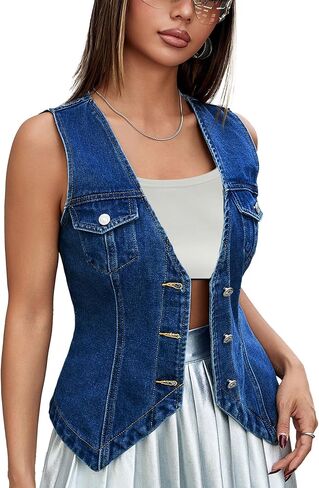 Pantete Women's Denim Vest Sleeveless V Neck Button Down Tight Waistcoat Denim Top Y2K Summer Going Out in Saudi Arabia