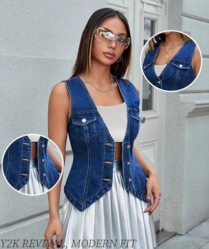Pantete Women's Denim Vest Sleeveless V Neck Button Down Tight Waistcoat Denim Top Y2K Summer Going Out in Saudi Arabia