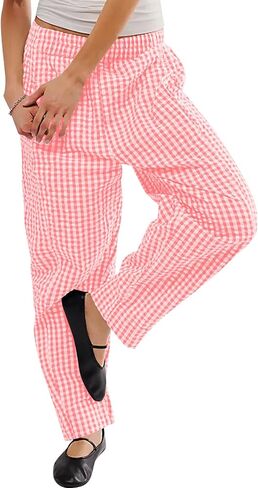 Women's Plaid Pant Gingham Lounge Pants Wide Leg Mid Rise Elastic Waist Checkered Long Trousers with Pockets in Saudi Arabia