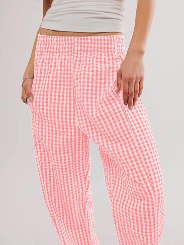 Women's Plaid Pant Gingham Lounge Pants Wide Leg Mid Rise Elastic Waist Checkered Long Trousers with Pockets in Saudi Arabia