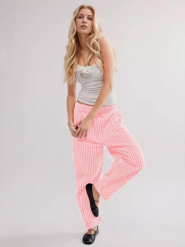 Women's Plaid Pant Gingham Lounge Pants Wide Leg Mid Rise Elastic Waist Checkered Long Trousers with Pockets in Saudi Arabia