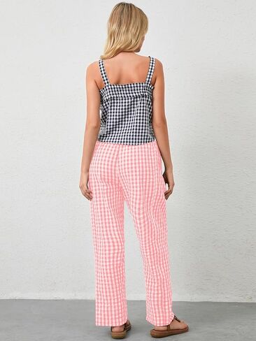Women's Plaid Pant Gingham Lounge Pants Wide Leg Mid Rise Elastic Waist Checkered Long Trousers with Pockets in Saudi Arabia