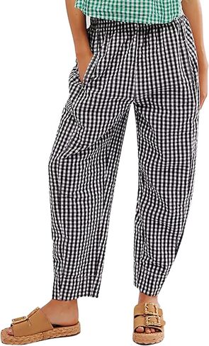 Women's Plaid Pant Gingham Lounge Pants Wide Leg Mid Rise Elastic Waist Checkered Long Trousers with Pockets in Saudi Arabia