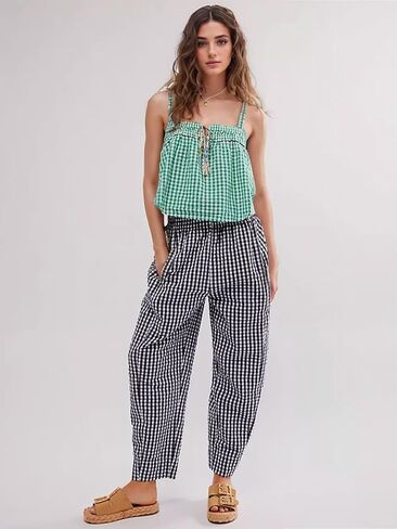 Women's Plaid Pant Gingham Lounge Pants Wide Leg Mid Rise Elastic Waist Checkered Long Trousers with Pockets in Saudi Arabia