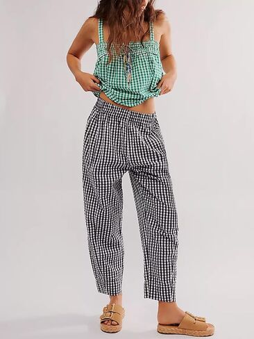 Women's Plaid Pant Gingham Lounge Pants Wide Leg Mid Rise Elastic Waist Checkered Long Trousers with Pockets in Saudi Arabia