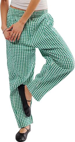 Women's Plaid Pant Gingham Lounge Pants Wide Leg Mid Rise Elastic Waist Checkered Long Trousers with Pockets in Saudi Arabia
