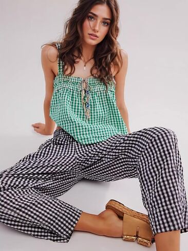 Women's Plaid Pant Gingham Lounge Pants Wide Leg Mid Rise Elastic Waist Checkered Long Trousers with Pockets in Saudi Arabia