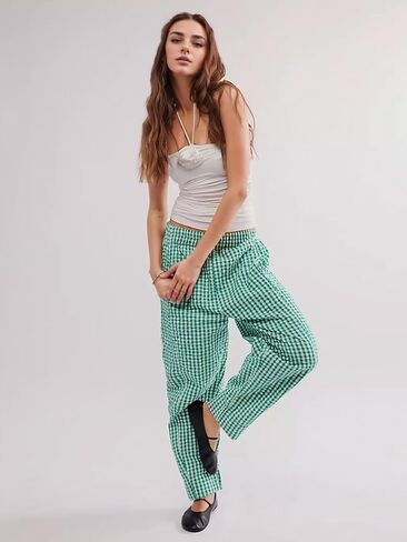 Women's Plaid Pant Gingham Lounge Pants Wide Leg Mid Rise Elastic Waist Checkered Long Trousers with Pockets in Saudi Arabia