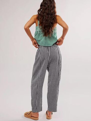 Women's Plaid Pant Gingham Lounge Pants Wide Leg Mid Rise Elastic Waist Checkered Long Trousers with Pockets in Saudi Arabia