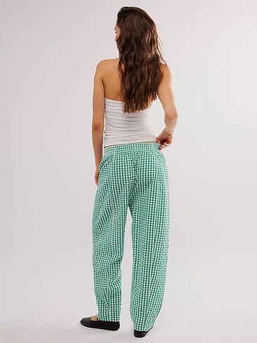 Women's Plaid Pant Gingham Lounge Pants Wide Leg Mid Rise Elastic Waist Checkered Long Trousers with Pockets in Saudi Arabia