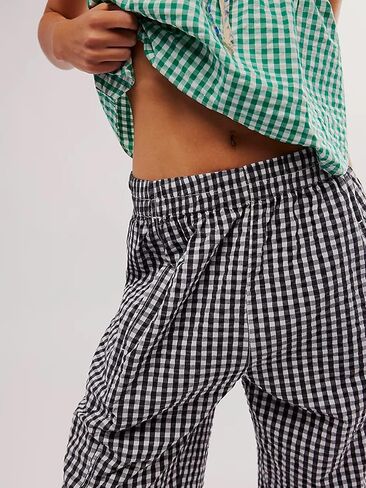 Women's Plaid Pant Gingham Lounge Pants Wide Leg Mid Rise Elastic Waist Checkered Long Trousers with Pockets in Saudi Arabia