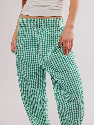 Women's Plaid Pant Gingham Lounge Pants Wide Leg Mid Rise Elastic Waist Checkered Long Trousers with Pockets in Saudi Arabia