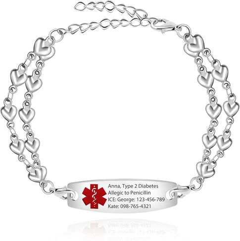 Stainless Steel Medical Bracelet Adjustable Double Layer Heart Shape Chain with Red Alert Bracelet, Personalized Engraving Medical ID for Women in Kuwait