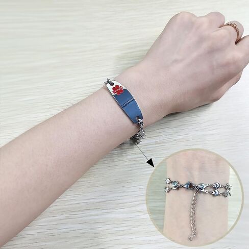 Stainless Steel Medical Bracelet Adjustable Double Layer Heart Shape Chain with Red Alert Bracelet, Personalized Engraving Medical ID for Women in Kuwait